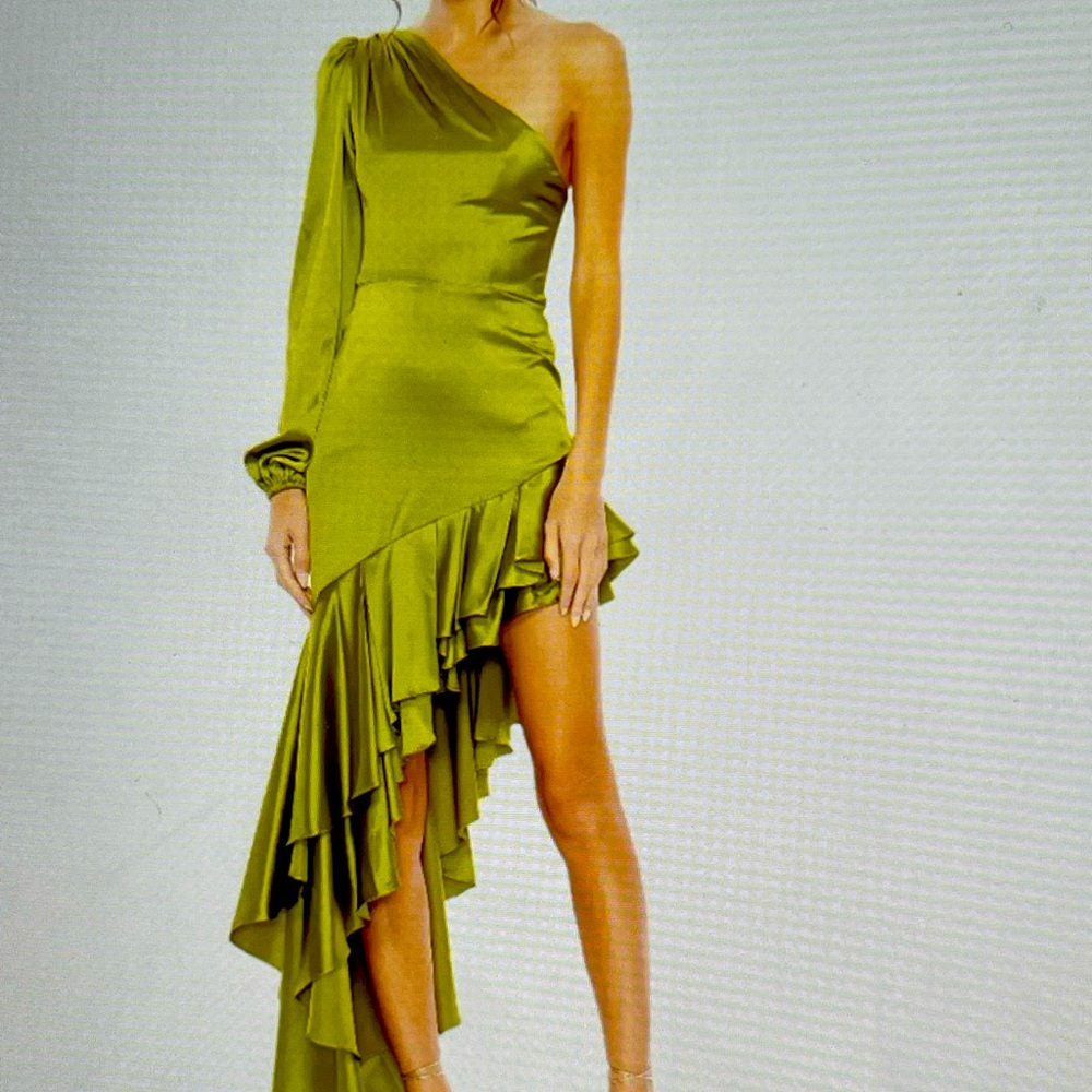 Ieena for Mac Duggal Charmeuse One Sleeve Ruffled Asymmetrical Gown